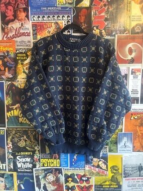 Trader Bay Navy and Teal Geometric Crewneck Sweater